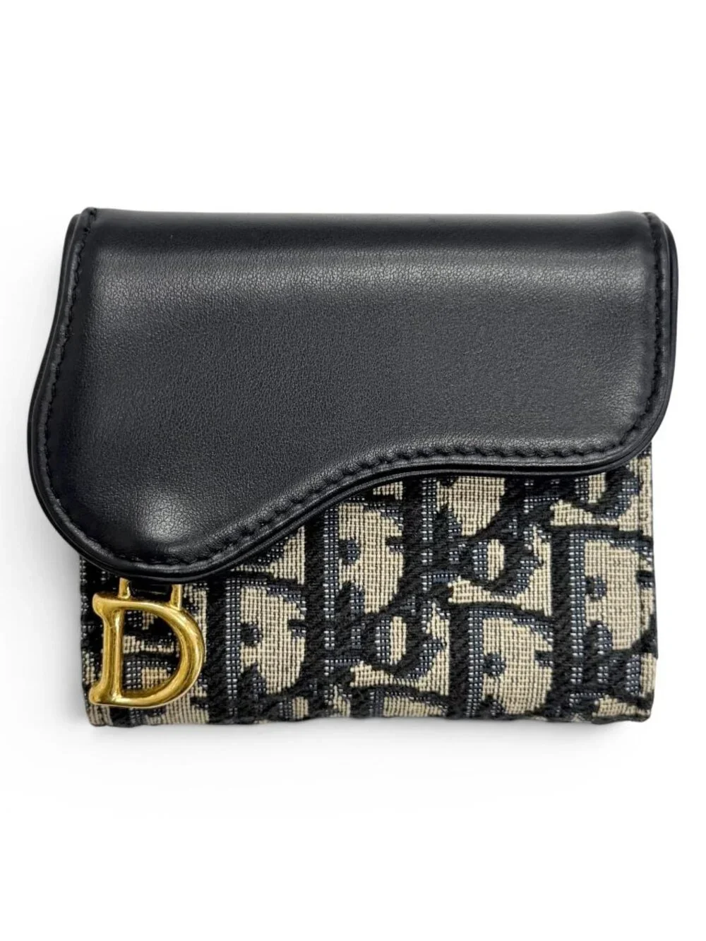 Dior Saddle Lotus Wallet Oblique Jacquard Leather Trifold Navy